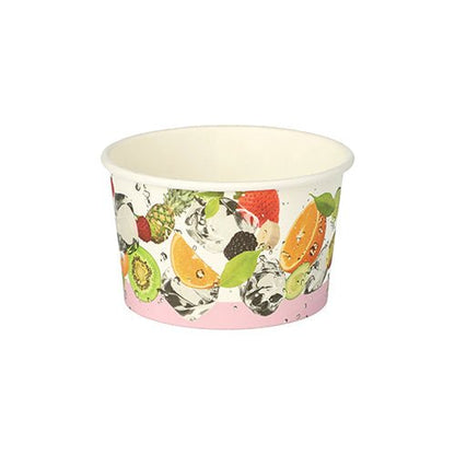 Le PAPSTAR 50 gobelets à glace, carton rond, de PAPSTAR GmbH présente un design en papier blanc avec des motifs de fruits vifs - orange, kiwi, fraise et éclaboussures d'eau - parfait pour servir de la crème glacée, représenté sur un fond blanc simple.