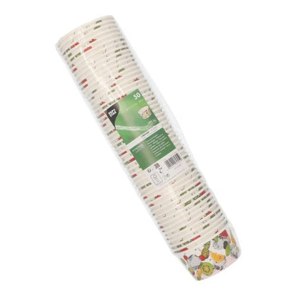 Les 50 gobelets à glace « carton rond » de PAPSTAR GmbH sont livrés dans un emballage plastique avec une étiquette verte et présentent des motifs de légumes illustrés - parfaits bols en carton jetables pour desserts ou comme gobelets à glace lors de votre prochaine réunion.