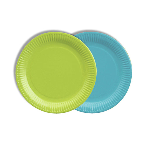 Deux PAPSTAR 12 assiettes, en carton rond Ø 18 cm, coloris assortis de la PAPSTAR GmbH se chevauchent – devant vert citron, derrière bleu clair, toutes deux avec bord ondulé. Ces assiettes écologiques sont idéales pour des fêtes soucieuses de l'environnement.