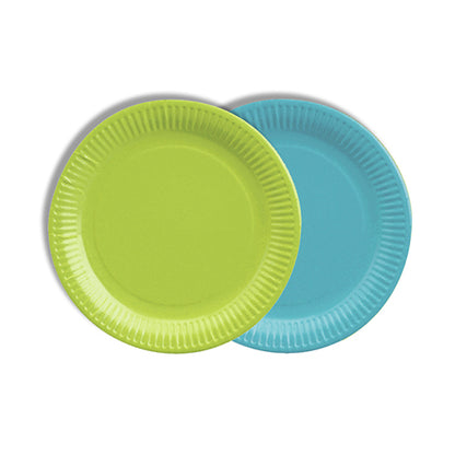 Deux PAPSTAR 12 assiettes, en carton rond Ø 18 cm, coloris assortis de la PAPSTAR GmbH se chevauchent – devant vert citron, derrière bleu clair, toutes deux avec bord ondulé. Ces assiettes écologiques sont idéales pour des fêtes soucieuses de l'environnement.