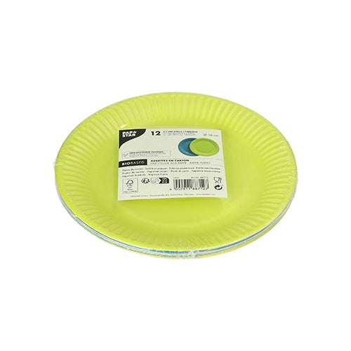 Un ensemble de 12 PAPSTAR assiettes en carton, rondes, Ø 18 cm, coloris assortis de PAPSTAR GmbH – dans un emballage plastique avec étiquette (code-barres, icônes, texte), biodégradables pour une utilisation durable.