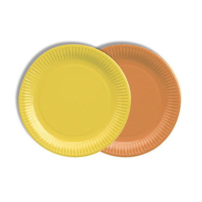 Deux PAPSTAR 12 assiettes, en carton rond Ø 18 cm, coloris assortis de la PAPSTAR GmbH – une jaune, une orange – reposent l'une sur l'autre sur fond blanc. Les deux ont des bords ondulés et sont écologiques, idéales pour des rencontres durables.