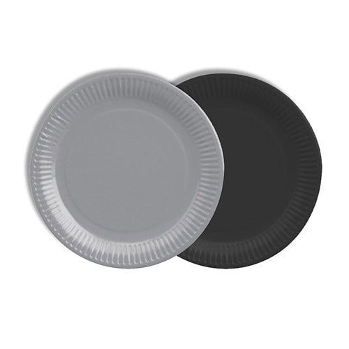 Deux PAPSTAR assiettes rondes en carton (Ø 18 cm, coloris assortis) de PAPSTAR GmbH avec bord ondulé se chevauchent en gris et noir sur fond blanc – à la fois élégantes et écologiques.