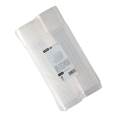 Een stapel Starpak 50 fijnkostbekers, PP transparant en rechthoekig met originele sluiting, is verpakt in plastic en heeft een wit etiket met productinformatie, barcode en veiligheidsverzegeling.