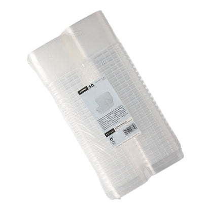 Een stapel Starpak 50 fijnkostbekers, PP transparant en rechthoekig met originele sluiting, is verpakt in plastic en heeft een wit etiket met productinformatie, barcode en veiligheidsverzegeling.