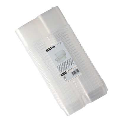 Een verzegelde verpakking met 50 Starpak fijnkostbekers, doorzichtige rechthoekige wegwerpbekers van PP met originele sluiting voor veiligheid en een etiket aan de voorkant dat het merk Starpak en productdetails toont.