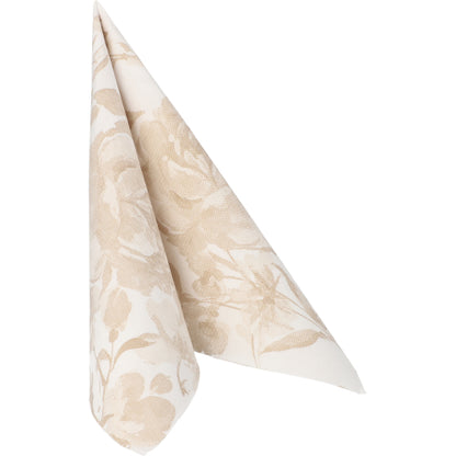 Een zandkleurige bloemenservet uit de ROYAL-collectie van PAPSTAR GmbH (50 servetten, 1/4-vouw, 40 x 40 cm) is voor een effen witte achtergrond tot een staande kegelform gevouwen.