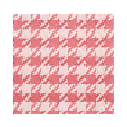 Ein PAPSTAR 100 Servietten, 1-lagig, 1/4-Falz (33 x 33 cm) der PAPSTAR GmbH mit rot-weißem Gingham-Muster, FSC-zertifiziert und umweltfreundlich, flachgelegt auf weißem Untergrund.