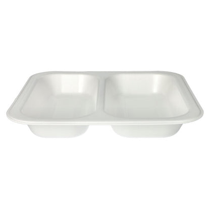 Les Starpak 50 barquettes scellées sont des plateaux jetables rectangulaires blancs laminés (XPS, 4,2 x 24,5 x 26,5 cm) avec deux compartiments - idéales pour la gastronomie pour un emballage hygiénique et la présentation des aliments.
