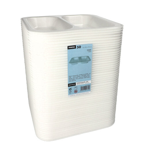 Une pile de Starpak 50 barquettes scellées blanches laminées (XPS, 4,2 x 24,5 x 26,5 cm), chacune avec deux compartiments, emballée de manière hygiénique dans un film transparent avec une étiquette bleu-blanc indiquant 50 plateaux par paquet.
