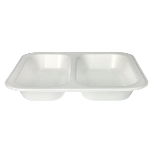 Un plateau XPS Starpak 50 scellé blanc rectangulaire (4,2 x 24,5 x 26,5 cm, blanc laminé) avec deux compartiments, idéal pour les emballages de repas hygiéniques, est représenté sous un angle légèrement surélevé sur un fond uni.