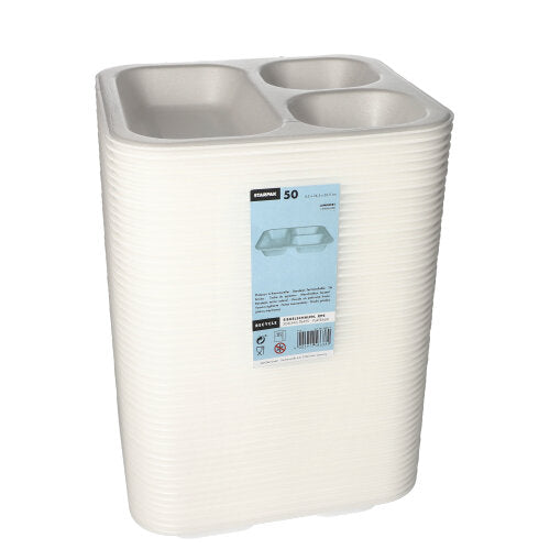 Une pile de Starpak 50 barquettes scellées - plateaux XPS blancs laminés avec trois compartiments (4,2 × 24,5 × 26,5 cm), enveloppés dans du film plastique transparent et étiquetés en bleu - idéaux pour la gastronomie et l'emballage alimentaire.