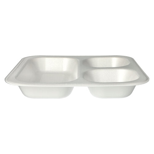 Un plateau alimentaire XPS Starpak 50 scellé blanc rectangulaire (4,2 x 24,5 x 26,5 cm, laminé), avec trois compartiments - idéal pour la gastronomie et l'emballage hygiénique.