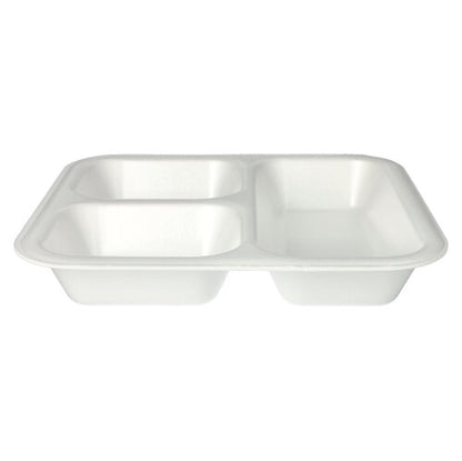 Les Starpak 50 barquettes scellées, XPS, 4,2 x 24,5 x 26,5 cm, plateau alimentaire jetable blanc laminé avec trois compartiments pour une utilisation gastronomique est représenté sur un fond uni.