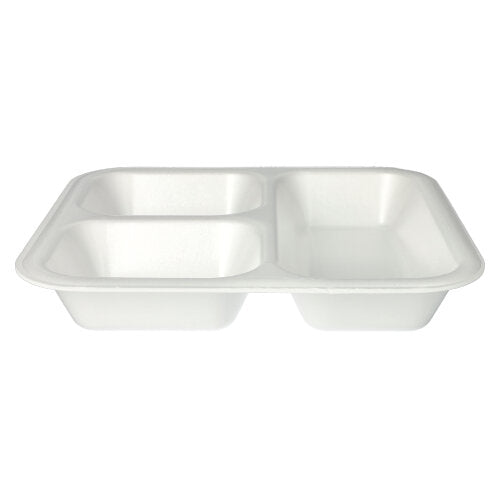 Les Starpak 50 barquettes scellées sont des plateaux XPS blancs laminés (4,2 x 24,5 x 26,5 cm) avec trois compartiments - rectangulaires et à usage unique, idéales pour les exigences de restauration ou d'emballage alimentaire.