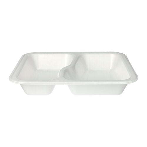 Sur un fond blanc simple est illustré un emballage alimentaire Starpak 100 scellé XPS 2-parties blanc rectangulaire (laminé, en deux parties) de Starpak.