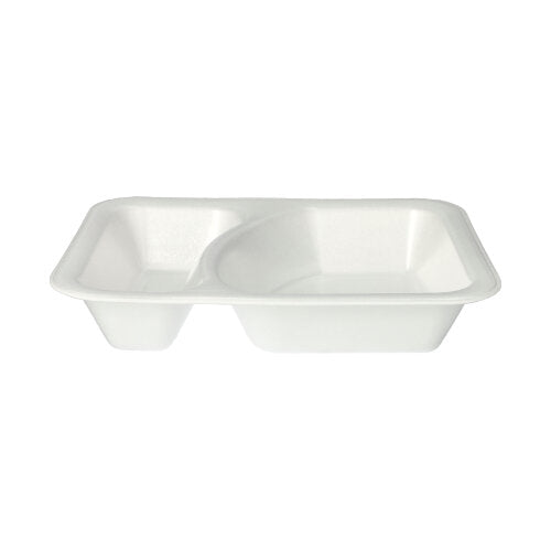 Un plateau alimentaire Starpak 100 scellé XPS blanc rectangulaire avec deux compartiments, vu de dessus sur un fond simple.