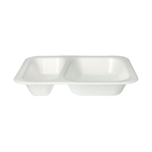 Les Starpak 100 barquettes scellées, XPS 2-parties blanc laminé de Starpak, sont un emballage alimentaire blanc rectangulaire en XPS avec deux compartiments - un grand et un petit - sur un fond blanc simple.