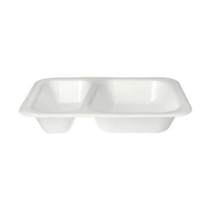 Les Starpak 100 barquettes scellées, XPS 2-parties blanc laminé de Starpak, sont un emballage alimentaire blanc rectangulaire en XPS avec deux compartiments - un grand et un petit - sur un fond blanc simple.