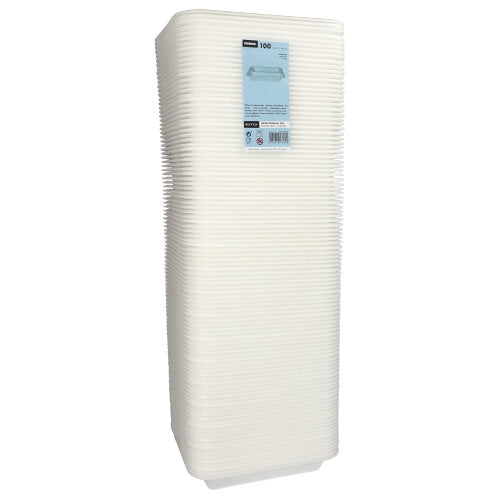 Une pile verticale de Starpak 100 barquettes scellées XPS 2-parties blanc laminé, fabriquées en mousse légère, avec une étiquette de produit sur le plateau supérieur.