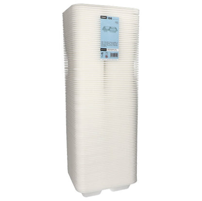 Een stapel van 100 Starpak verzegelde schalen, XPS 3-delig, 925 ml ovale, wit gelamineerde borden (4,2 x 21,2 x 25 cm), die als voedselverpakking worden gebruikt en waarop een productlabel bevindt, is afgebeeld tegen een eenvoudige witte achtergrond.
