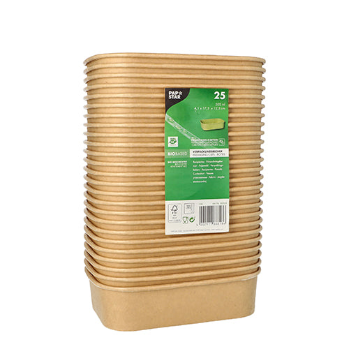 Une pile de 25 gobelets d'emballage rectangulaires et bruns en carton de la société PAPSTAR GmbH avec une étiquette de détails de produit verte sur le devant. Ces contenants écologiques sont fabriqués en carton biodégradable.