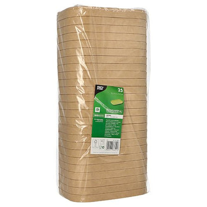 Une pile de couvercles bruns PAPSTAR pour gobelets d'emballage, rectangulaires (2x17,3x12,3 cm, 25 pièces), emballée dans du film transparent, avec une étiquette vert-blanc de PAPSTAR GmbH avec des informations sur le produit sur le devant.