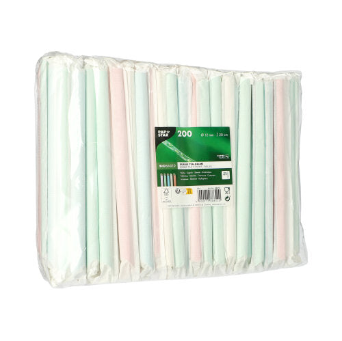 Un emballage en plastique transparent contient 200 pailles en papier pour PAPSTAR Bubble Tea (Ø12mm, 20cm), assorties de couleurs pastel. L'étiquette sur le devant montre des informations sur le produit et des symboles de recyclage, ce qui fait de ces pailles en papier de la société PAPSTAR un choix durable.