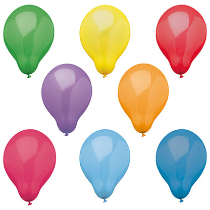 Seize ballons colorés PAPSTAR (Ø 25 cm, triés par couleur) de la société PAPSTAR GmbH sont disposés en deux rangées sur un fond blanc et montrent un mélange coloré de tons verts, jaunes, rouges, violets, oranges, roses et deux nuances de bleu.
