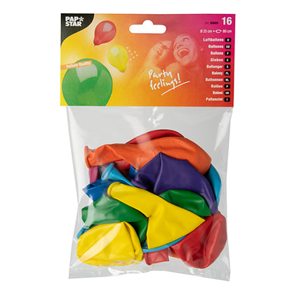 Un sac en plastique transparent de la société PAPSTAR GmbH contient 16 ballons triés par couleur (Ø 25 cm) pour les fêtes. L'emballage affiche le logo "Pap Star", une photo de personnes souriantes, le texte "Party feelings!" et la quantité de ballons.