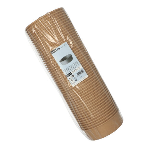 Een 50-pack Starpak ronde bruine slakommen van karton met PE-coating, plastic geseald, gestapeld, met wit productetiket en barcode aan de voorkant - veelzijdig inzetbaar.