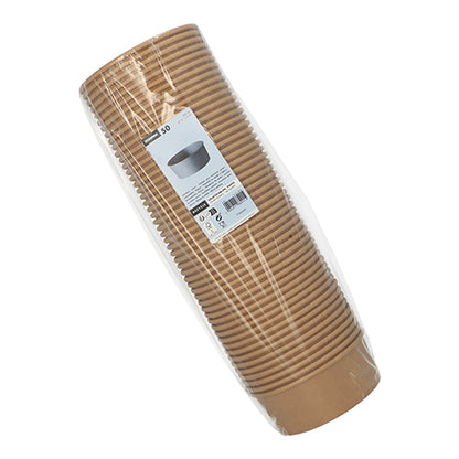 Een verpakking van 50 Starpak slakommen, ronde, bruine papieren kommen met PE-coating, in doorzichtige plasticfolie met wit info-etiket - perfect voor een milieuvriendelijke verpakking. Merk: Starpak.
