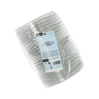 Un paquet de 50 couvercles ronds et transparents en PET (2 cm de haut) pour bols à salade de Starpak, enveloppé dans du plastique et muni d'une étiquette sur le devant indiquant la marque Starpak, la quantité et les instructions d'utilisation.