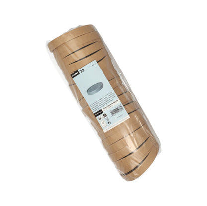 Une pile de 25 couvercles ronds Starpak pour gobelets à soupe en carton, enveloppés dans du film plastique et étiquetés avec la quantité et l'utilisation, est présentée sur un fond blanc - idéal pour être combinée avec des bols à soupe Starpak.