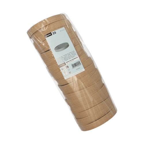 Un emballage transparent contenant 25 couvercles en papier brun ronds Starpak pour gobelets à soupe est empilé de manière compacte. L'emballage dispose d'une étiquette blanche - parfaitement assortie au gobelet à soupe Starpak pour un service pratique.