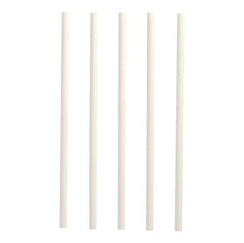 Vijf PAPSTAR Shake-strohalmen van papier (Ø 8 mm, 25 cm) van PAPSTAR GmbH zijn verticaal gerangschikt op een witte achtergrond en bieden een duurzaam alternatief voor conventionele rietjes.