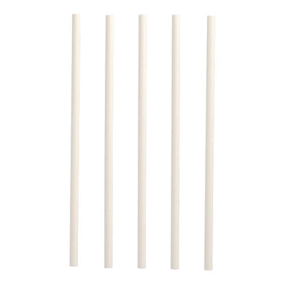 Vijf PAPSTAR Shake-strohalmen van papier (Ø 8 mm, 25 cm) van PAPSTAR GmbH zijn verticaal gerangschikt op een witte achtergrond en bieden een duurzaam alternatief voor conventionele rietjes.