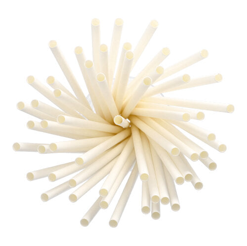 Een cluster van PAPSTAR Shake-strohalmen papier Ø 8 mm, 25 cm (135 stuks) van PAPSTAR GmbH is in een cirkelvormig, straalvormig patroon gerangschikt en van bovenaf bekeken tegen een witte achtergrond.