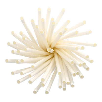 Een cluster van PAPSTAR Shake-strohalmen papier Ø 8 mm, 25 cm (135 stuks) van PAPSTAR GmbH is in een cirkelvormig, straalvormig patroon gerangschikt en van bovenaf bekeken tegen een witte achtergrond.