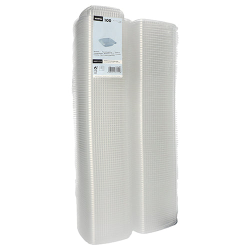 Un paquet de 100 gobelets d'emballage Starpak transparents, rectangulaires avec couvercles à charnière (PP), groupés dans du plastique avec une étiquette de produit sur le devant.