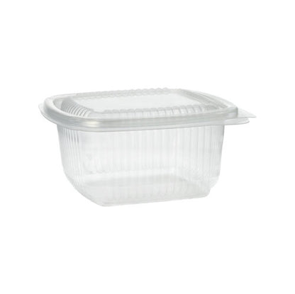 Un gobelet d'emballage Starpak 100 transparent, rectangulaire, avec couvercles à charnière (PP) est fermé et vide devant un fond blanc simple.