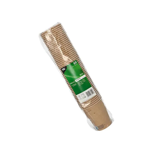 Un emballage en plastique transparent avec 50 gobelets de la PAPSTAR GmbH, papier 0,2 l, avec une étiquette verte contenant des informations sur le produit, est posé sur un fond blanc simple.