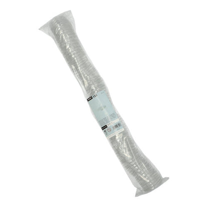 Un paquet emballé en plastique contenant 125 couvercles Starpak en PET transparents pour gobelet à sauce, rond, Ø 5,9 cm × 0,7 cm, empilés de manière compacte dans une forme cylindrique avec une étiquette de produit sur l'emballage.