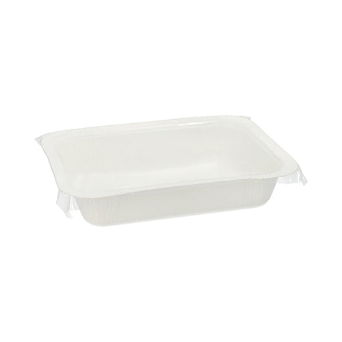 Een witte, rechthoekige Starpak 260 verzegelde voedselcontainer (530 ml, 3,7 x 13,7 x 18,1 cm, wegwerpkarton) voor een eenvoudige witte achtergrond. Verpakking van 260 stuks.