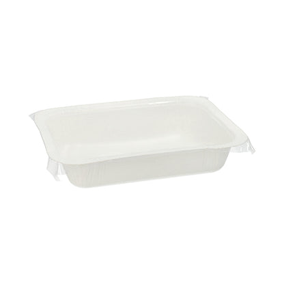 Een witte, rechthoekige Starpak 260 verzegelde voedselcontainer (530 ml, 3,7 x 13,7 x 18,1 cm, wegwerpkarton) voor een eenvoudige witte achtergrond. Verpakking van 260 stuks.