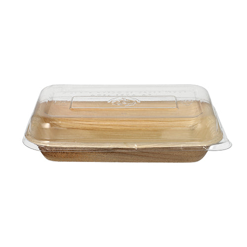 Das Starpak 10 Schalen, Palmblatt mit rPET-Deckel „Kombipack“ ist ein rechteckiger, umweltfreundlicher Einweg-Lebensmittelbehälter aus hellbraunem Palmblatt mit einem durchsichtigen Deckel aus recyceltem PET, abgebildet vor einem schlichten weißen Hintergrund.