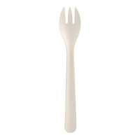Een enkele, eenvoudige witte PAPSTAR Papieren vork „pure“ (18,2 cm), uit een verpakking van 50 stuks van de PAPSTAR GmbH is gefotografeerd tegen een witte achtergrond.