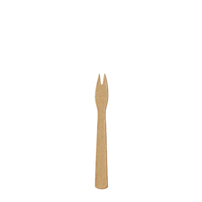 Une seule petite fourchette à frites en papier marron PAPSTAR 250 "pure" de la PAPSTAR GmbH avec deux dents est centrée sur un fond blanc simple.