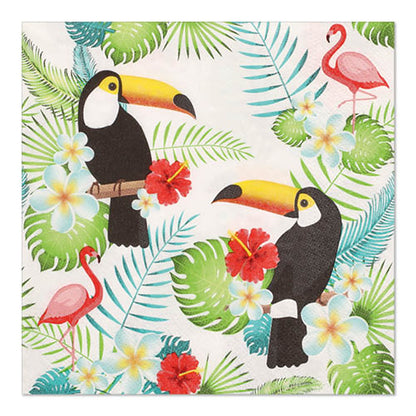 Les PAPSTAR GmbH 20 serviettes, 33 x 33 cm, 3 plis (1/4 pliage, Design Set 1), montrent des toucans, des flamants roses, des feuilles tropicales et des fleurs colorées comme l'hibiscus et le plumeria sur fond blanc.