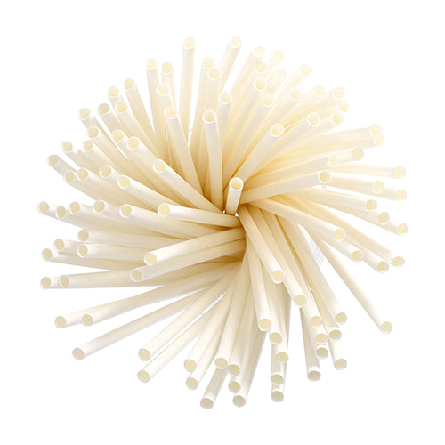 Un ensemble PAPSTAR 100 pailles, papier Ø 6 mm de PAPSTAR GmbH est arrangé en un motif circulaire et rayonnant, vu de dessus sur un fond blanc.